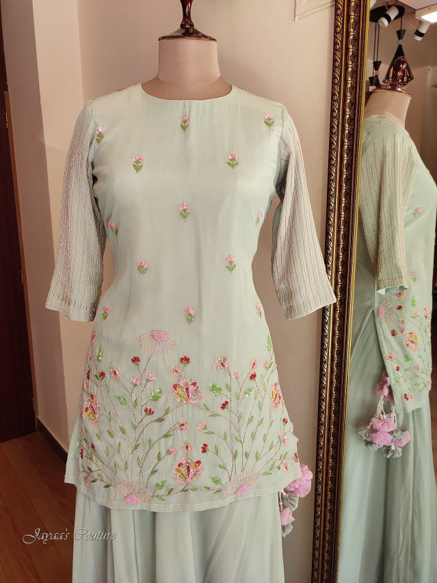 Pastel grey short kurta with skirt & dupatta