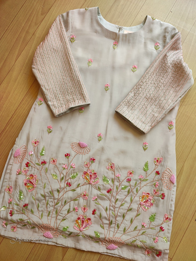 Pastel grey short kurta with skirt & dupatta