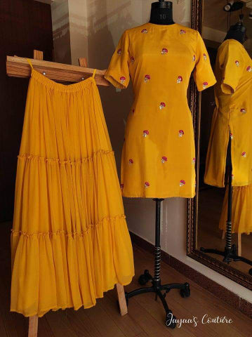 Yellow kurti skirt with dupatta