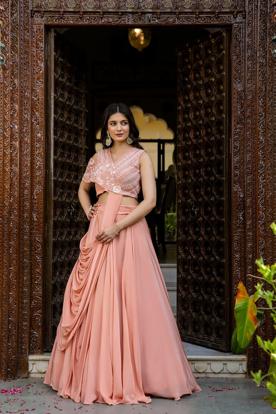 Pastel peach drape lehenga set