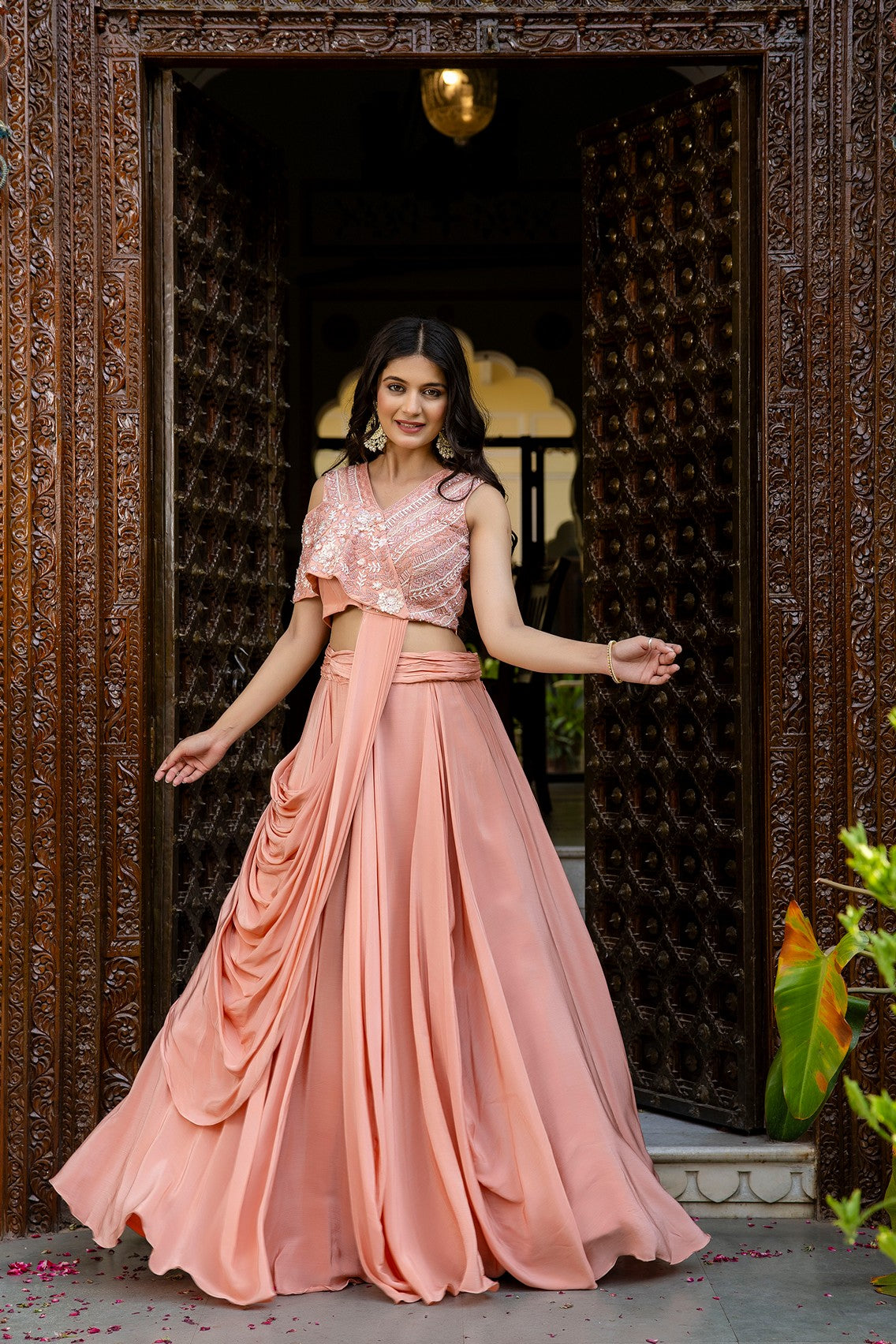 Pastel peach drape lehenga set