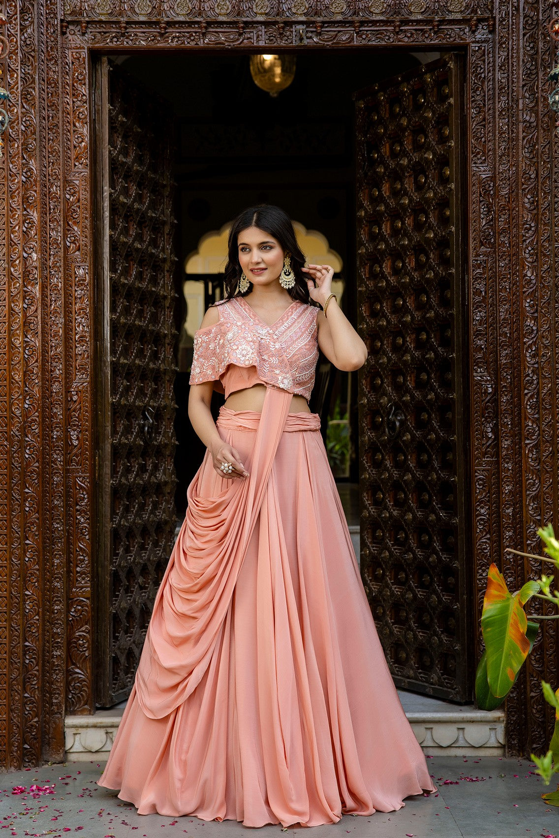 Pastel peach drape lehenga set