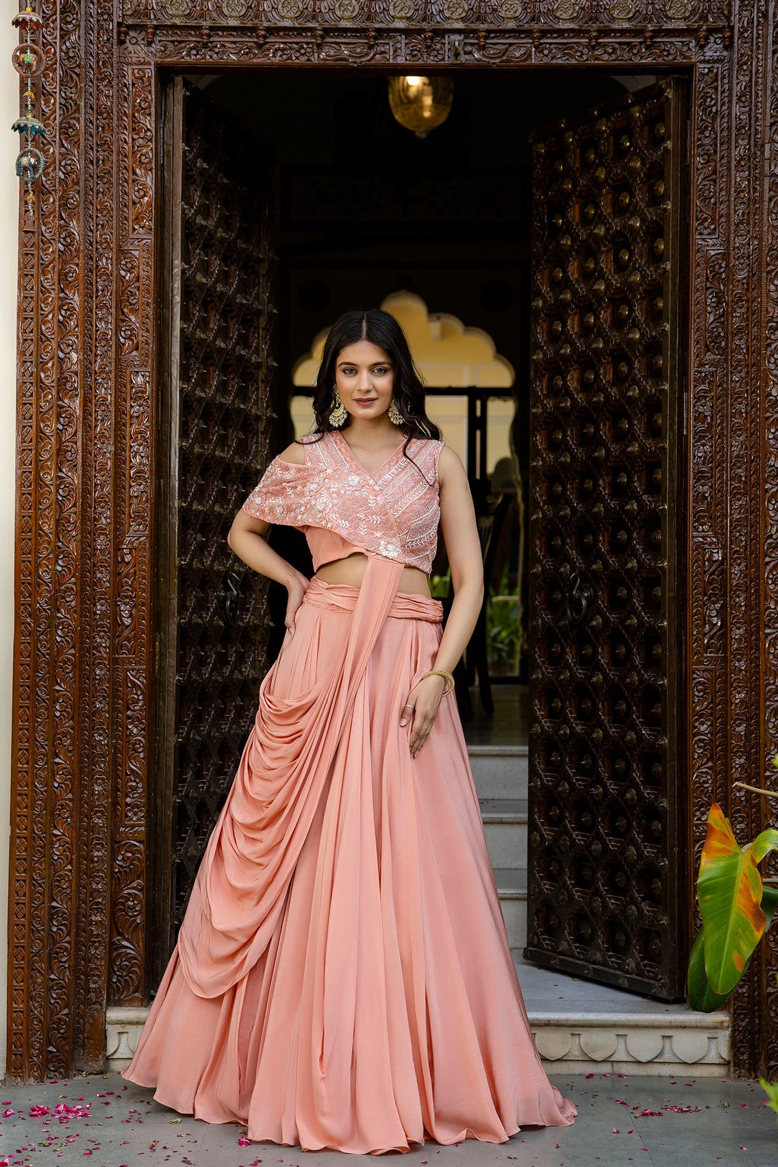 Pastel peach drape lehenga set