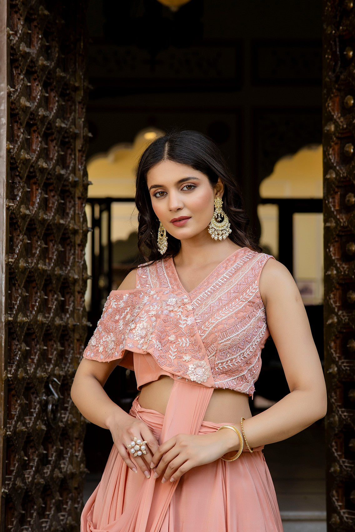 Pastel peach drape lehenga set