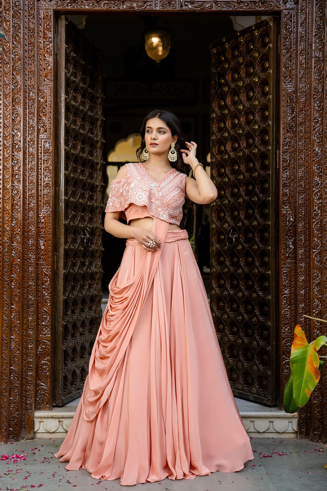 Pastel peach drape lehenga set