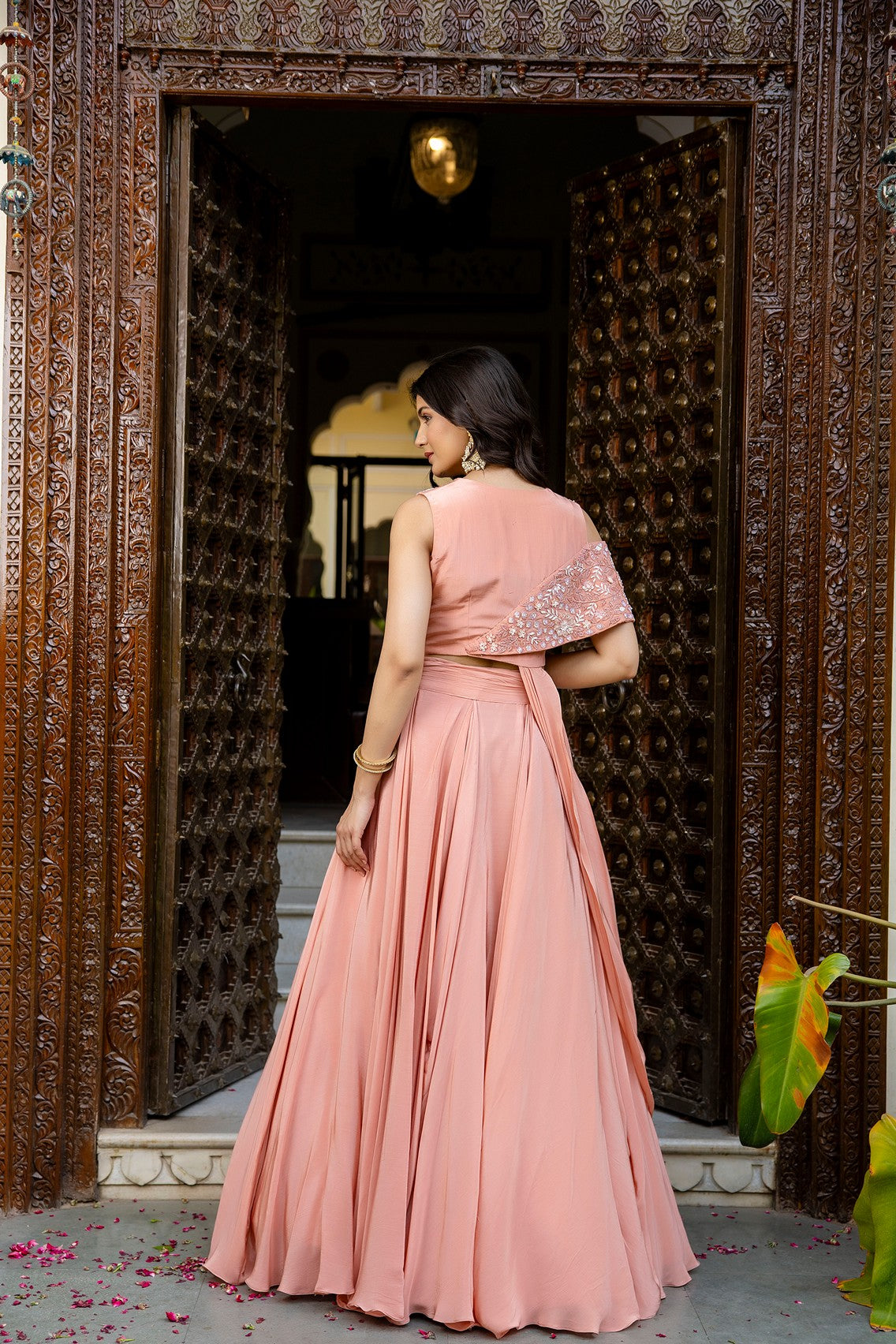 Pastel peach drape lehenga set