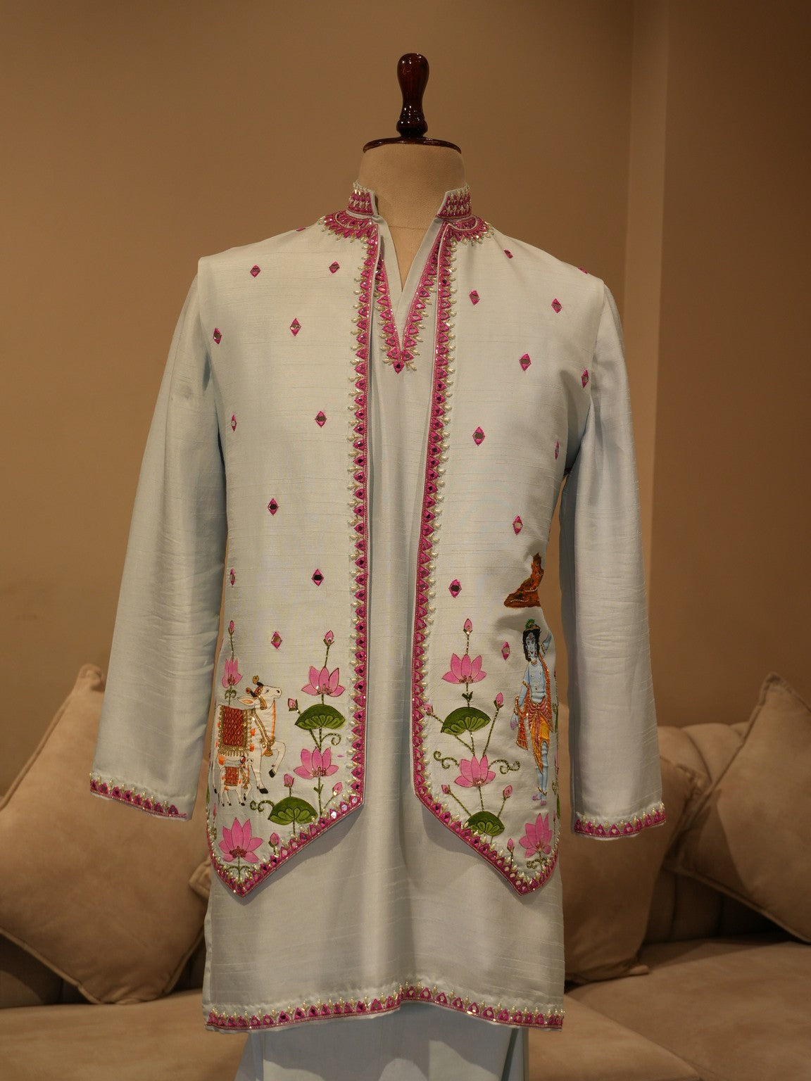 Powder blue hand painted shrikrishna ji jacket kurta pants