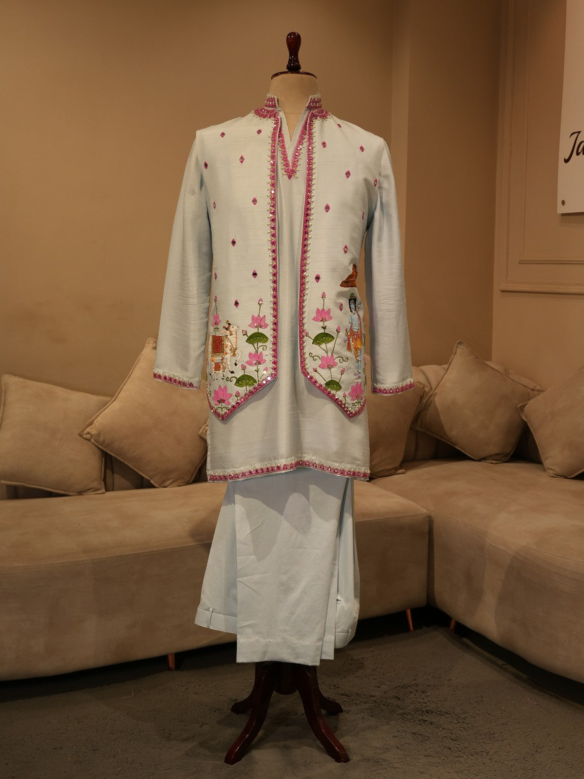 Powder blue hand painted shrikrishna ji jacket kurta pants
