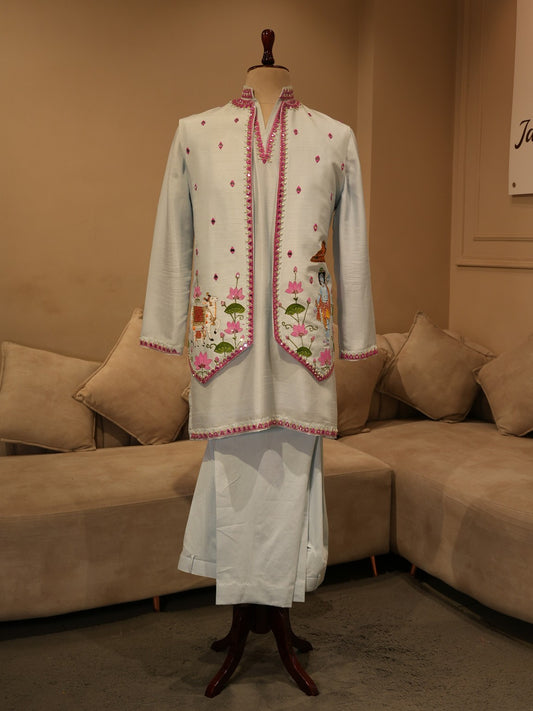 Powder blue hand painted shrikrishna ji jacket kurta pants