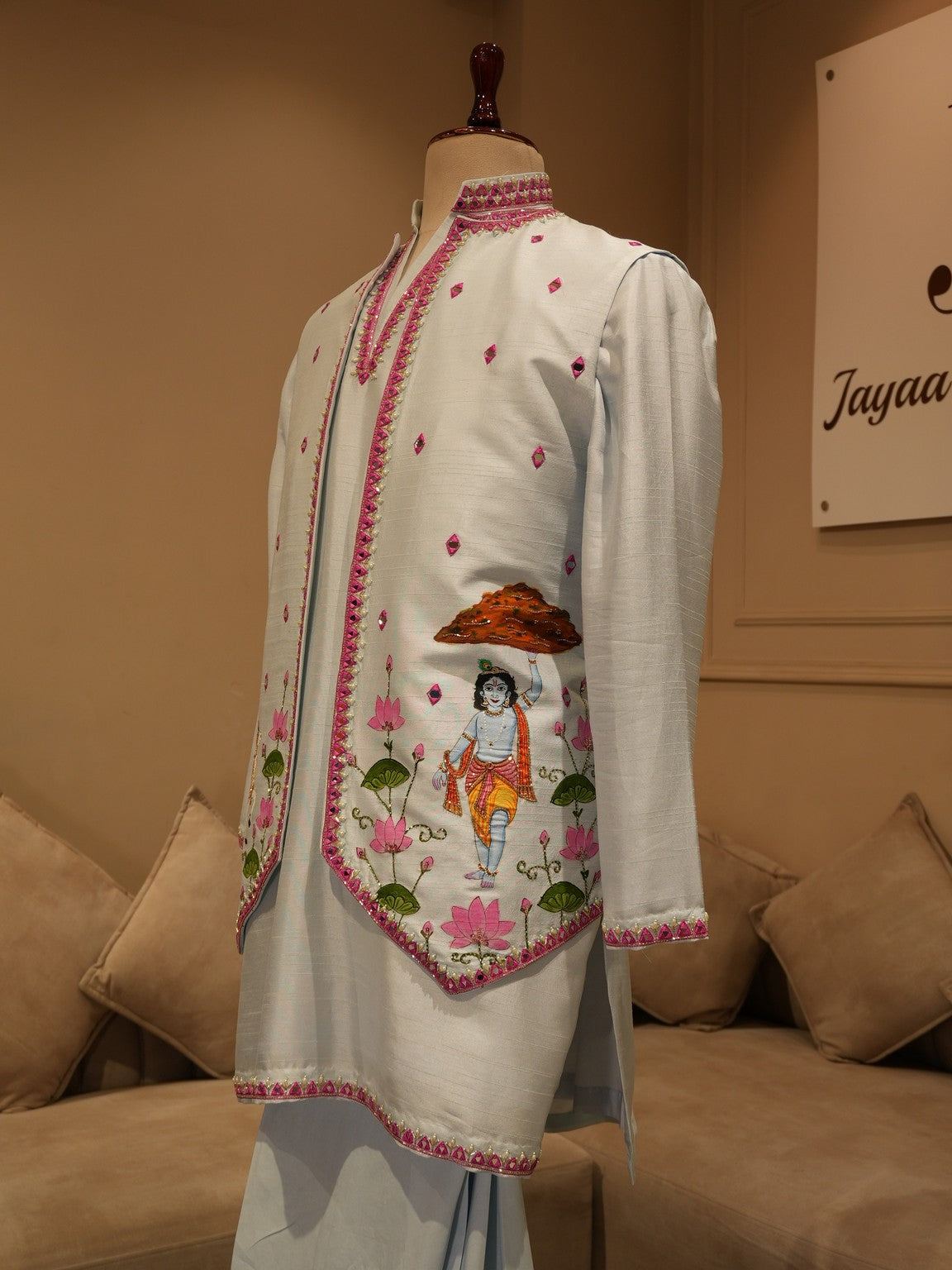 Powder blue hand painted shrikrishna ji jacket kurta pants