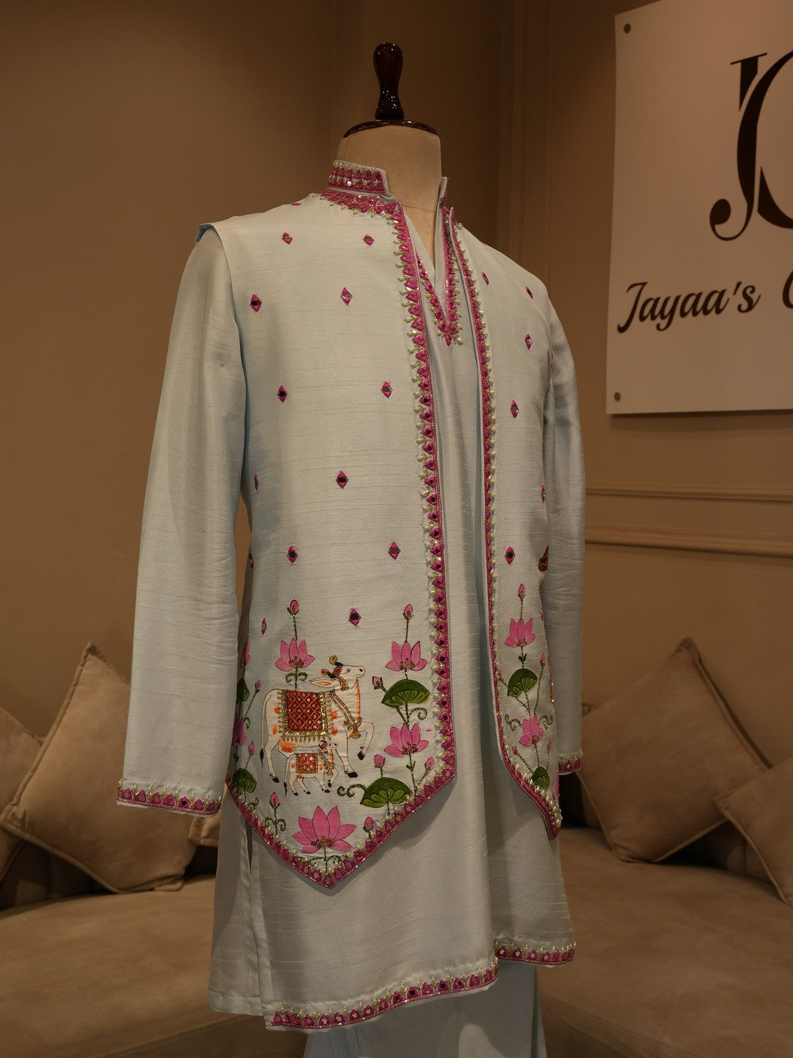 Powder blue hand painted shrikrishna ji jacket kurta pants