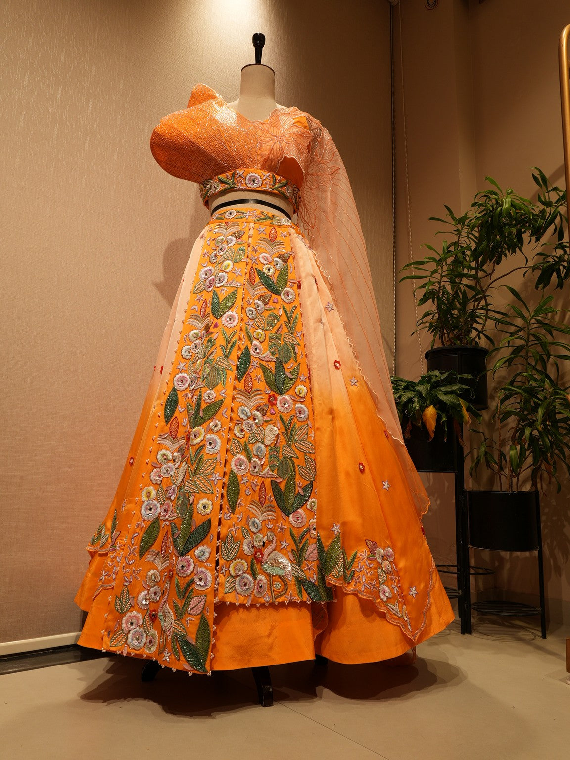 Peach shaded drape lehenga set
