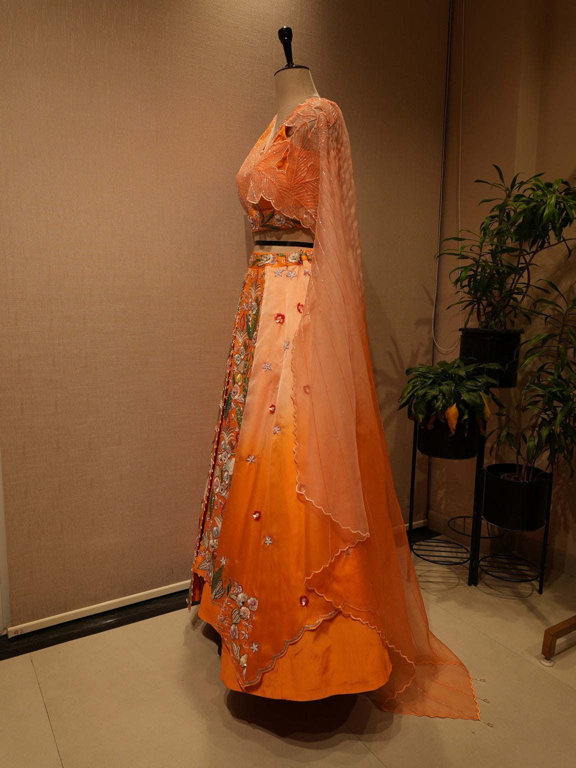 Peach shaded drape lehenga set