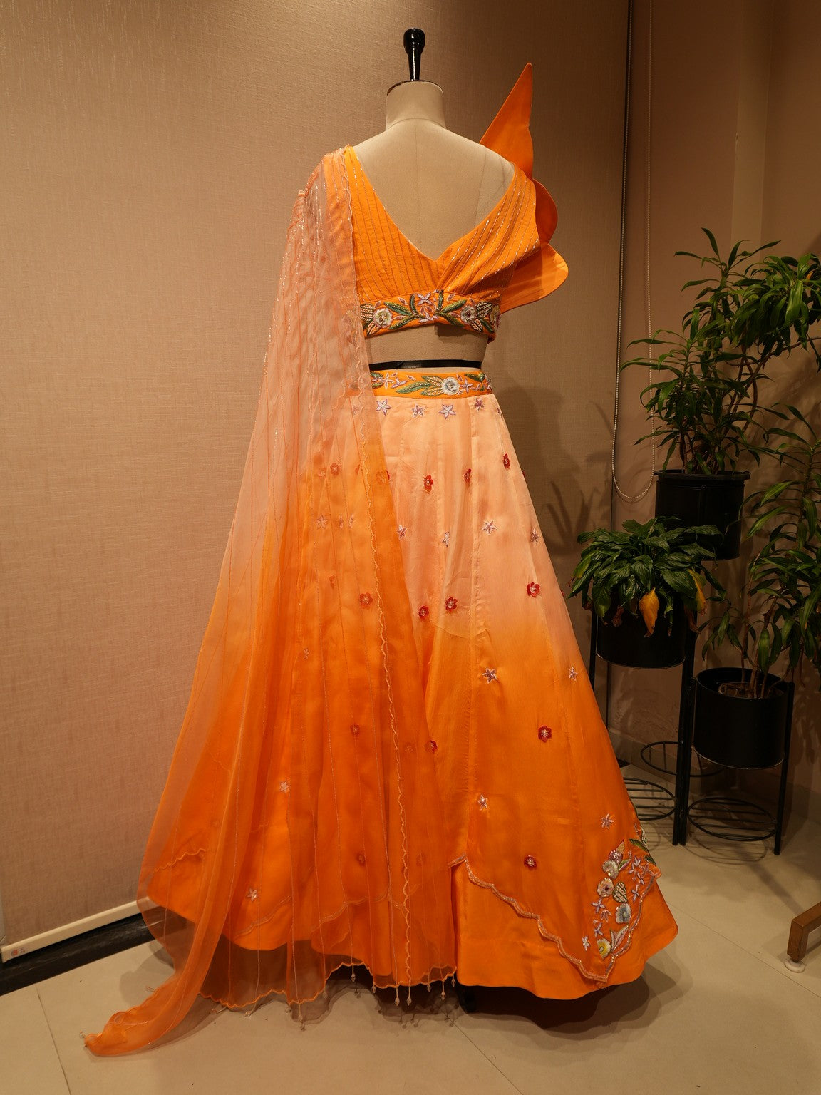 Peach shaded drape lehenga set
