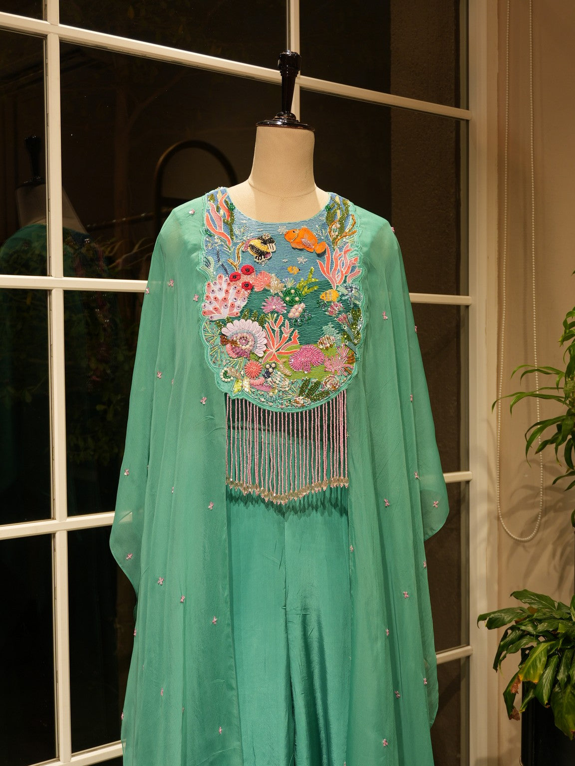 Sea green cape gown