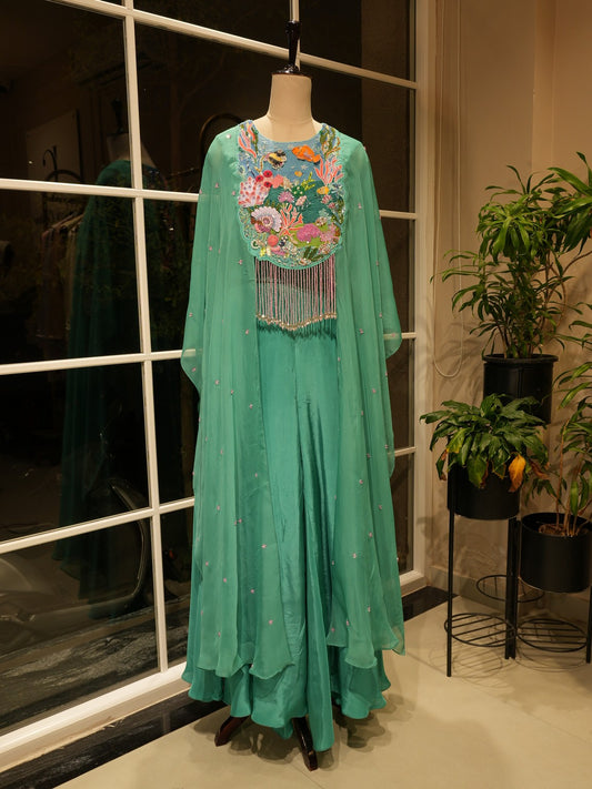 Sea green cape gown