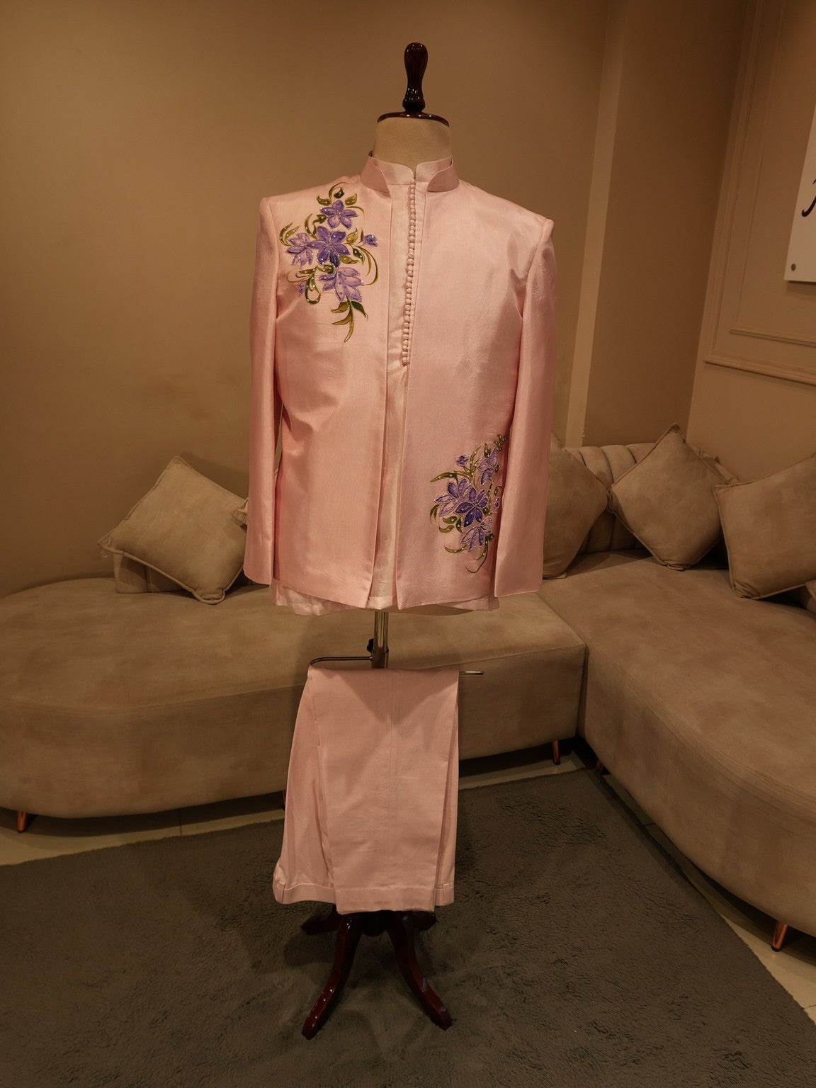 Lilac hand painted mens indo western