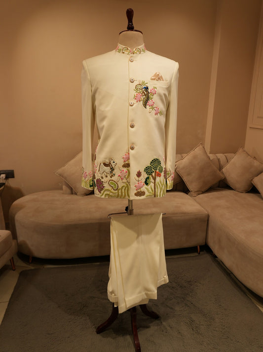Pearl white mens jodhpuri set