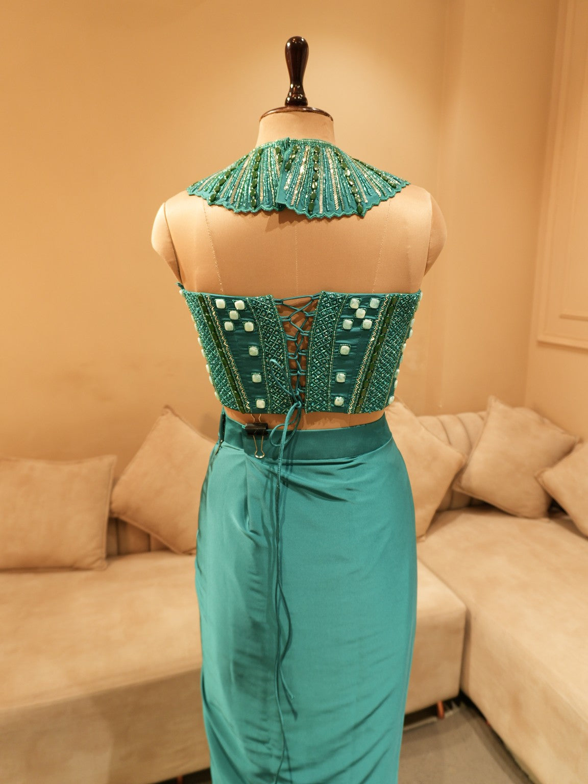 Teal green corset with skirt