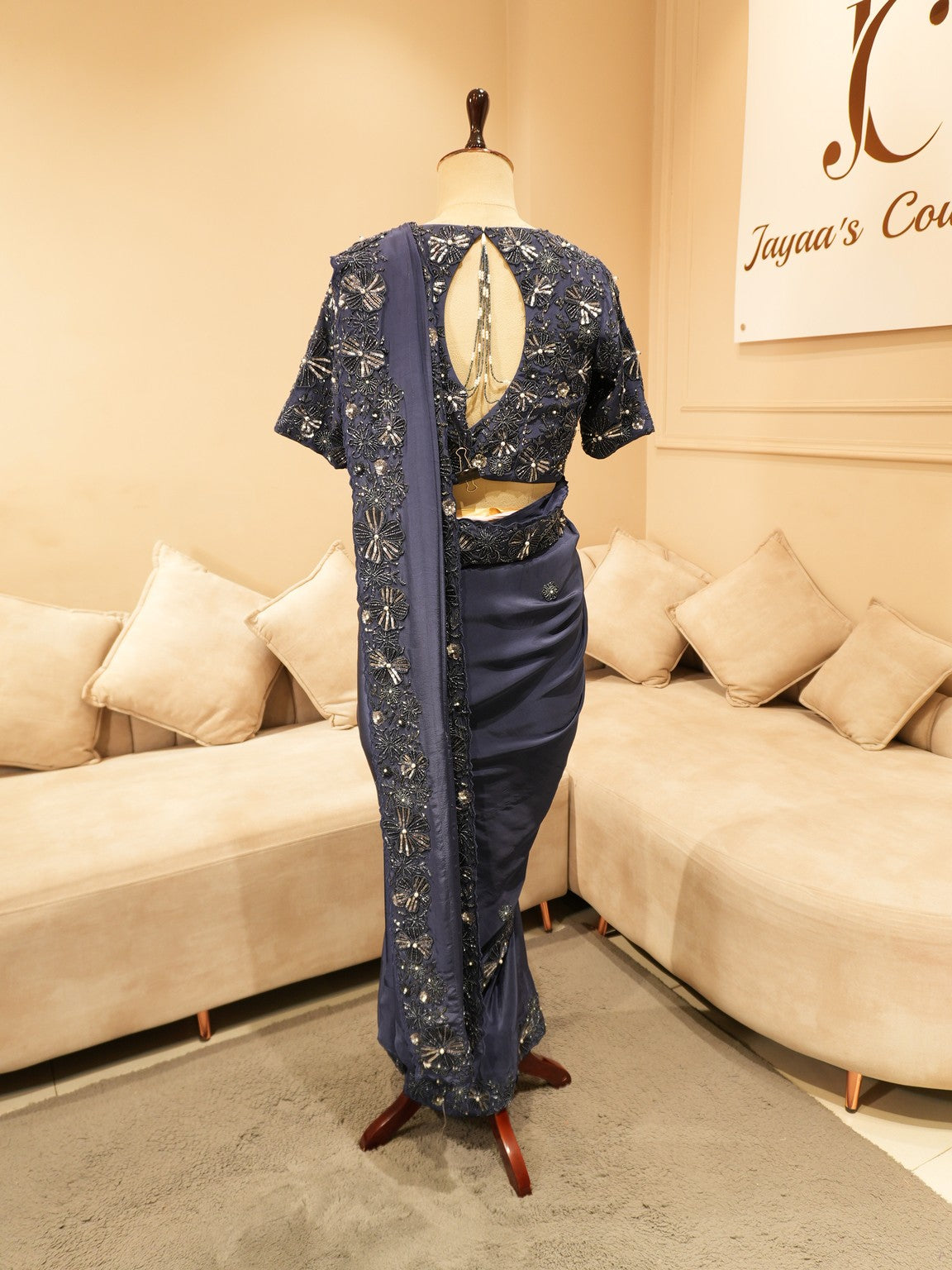 Navy blue embroidered saree