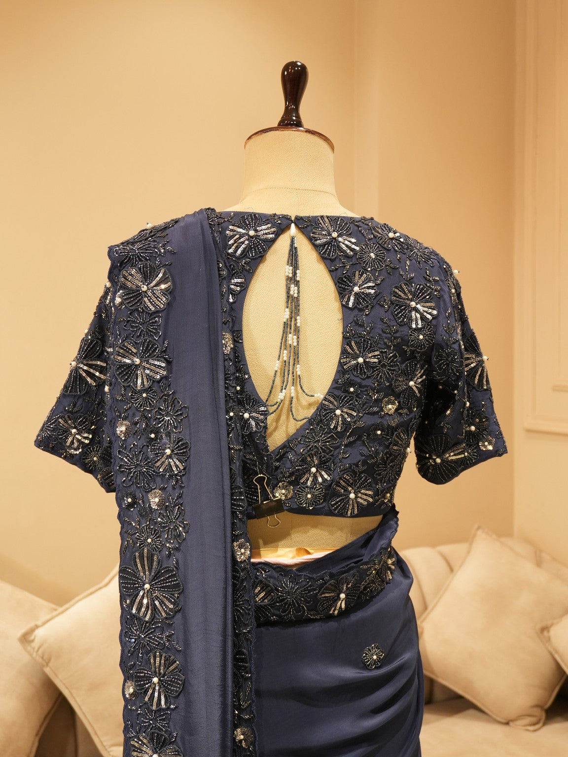 Navy blue embroidered saree