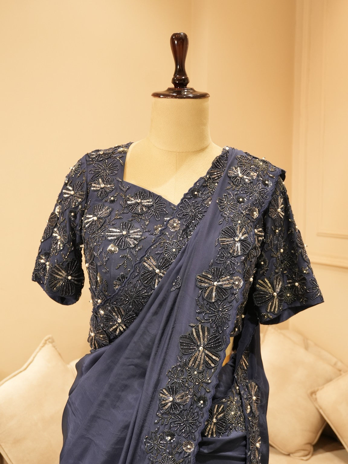 Navy blue embroidered saree