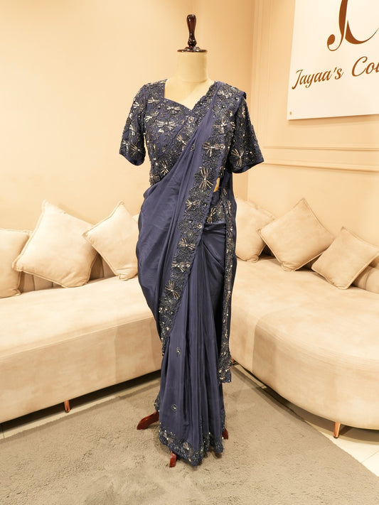 Navy blue embroidered saree