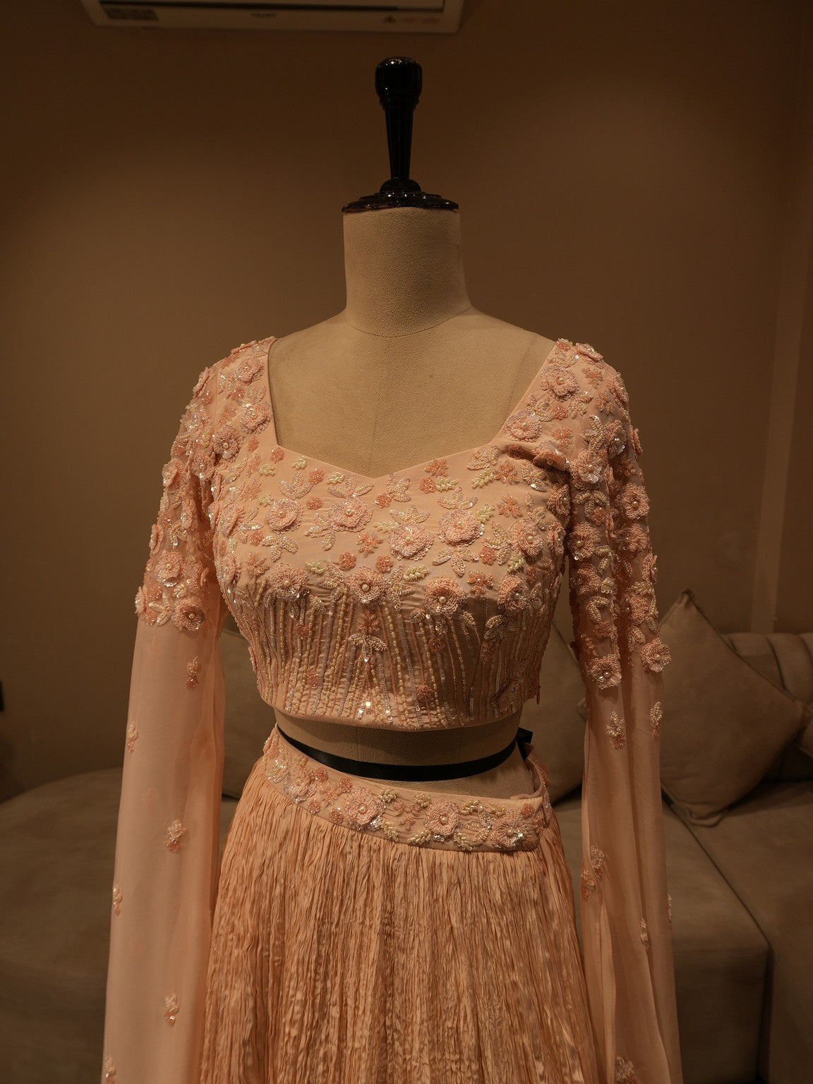 Pastel peach 3d crop top skirt set