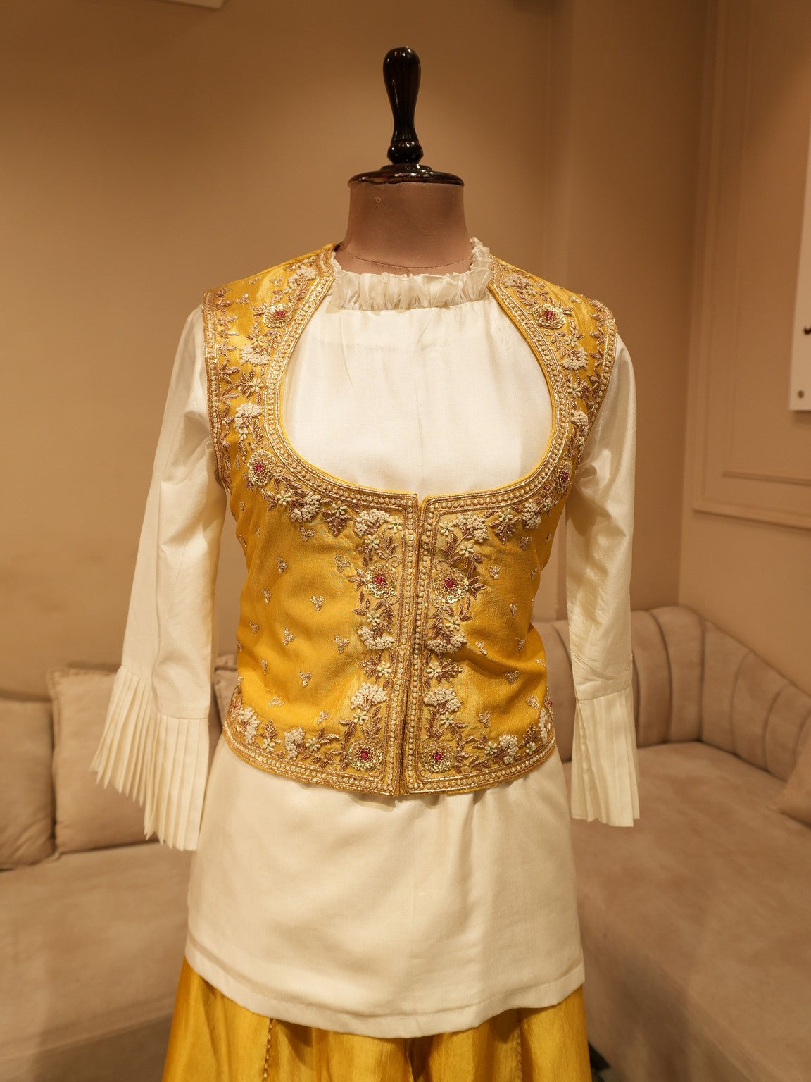 Musard yellow top with plazo and koti