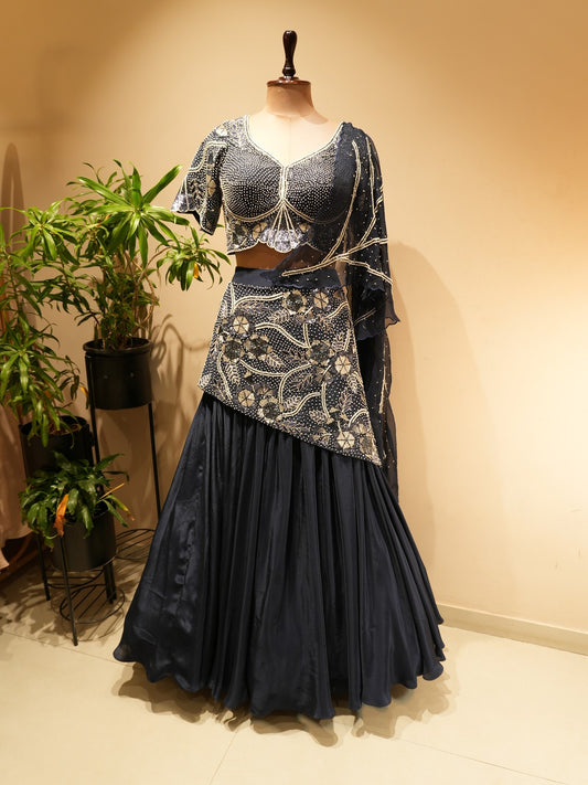 Navy blue pearl lehenga set