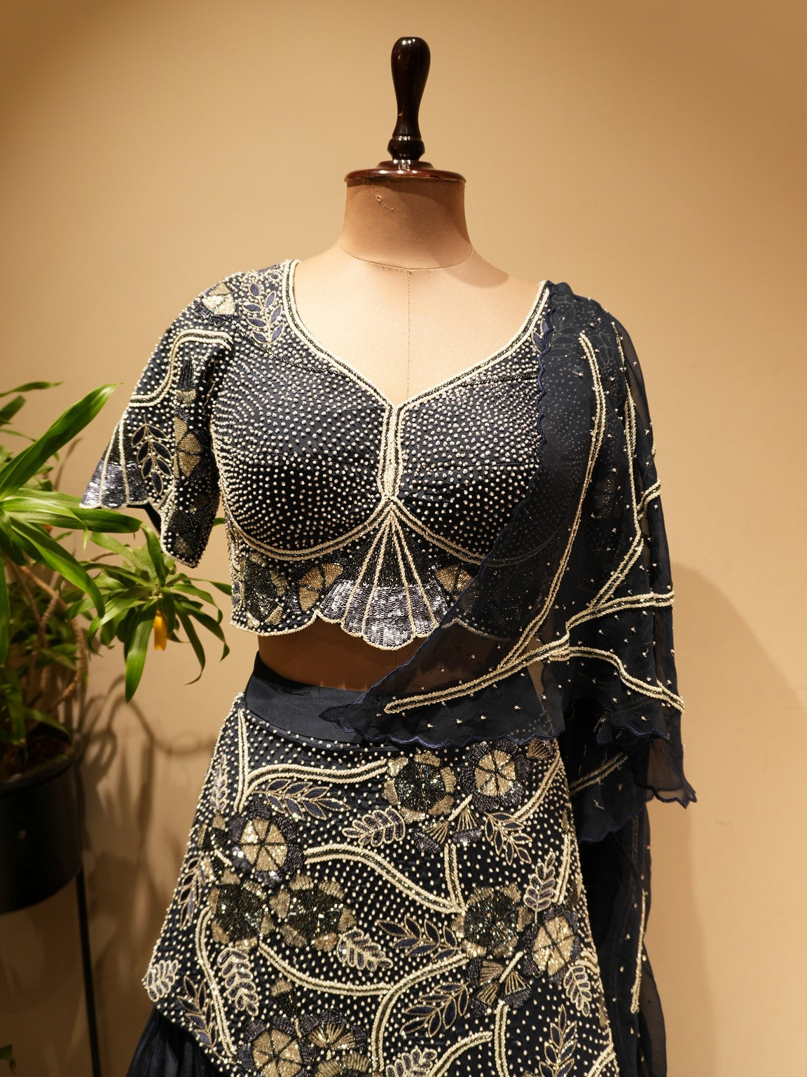 Navy blue pearl lehenga set