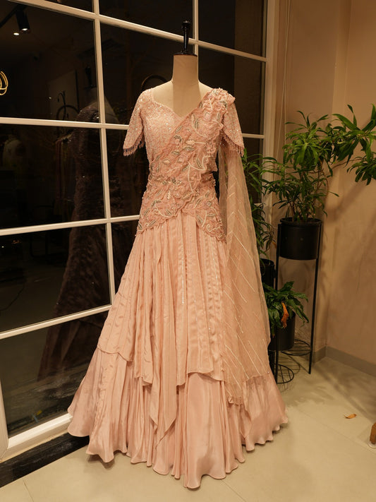 Pastel peach drape lehenga set