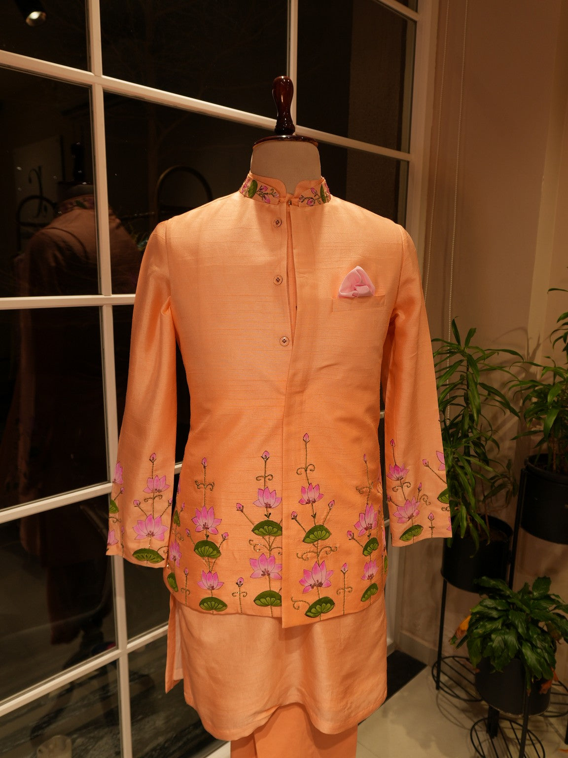 Pastel peach pichwai mens koti with kurta pants
