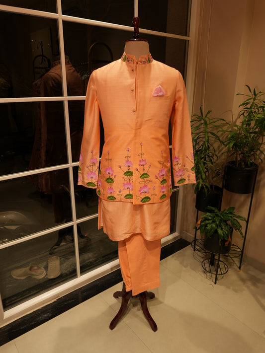 Pastel peach pichwai mens koti with kurta pants