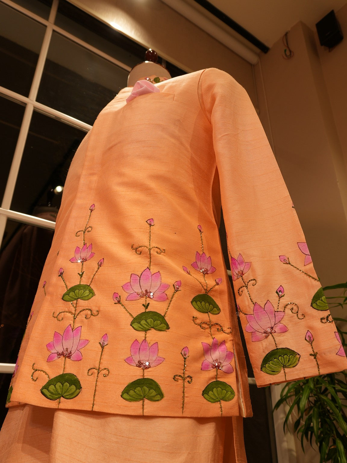 Pastel peach pichwai mens koti with kurta pants