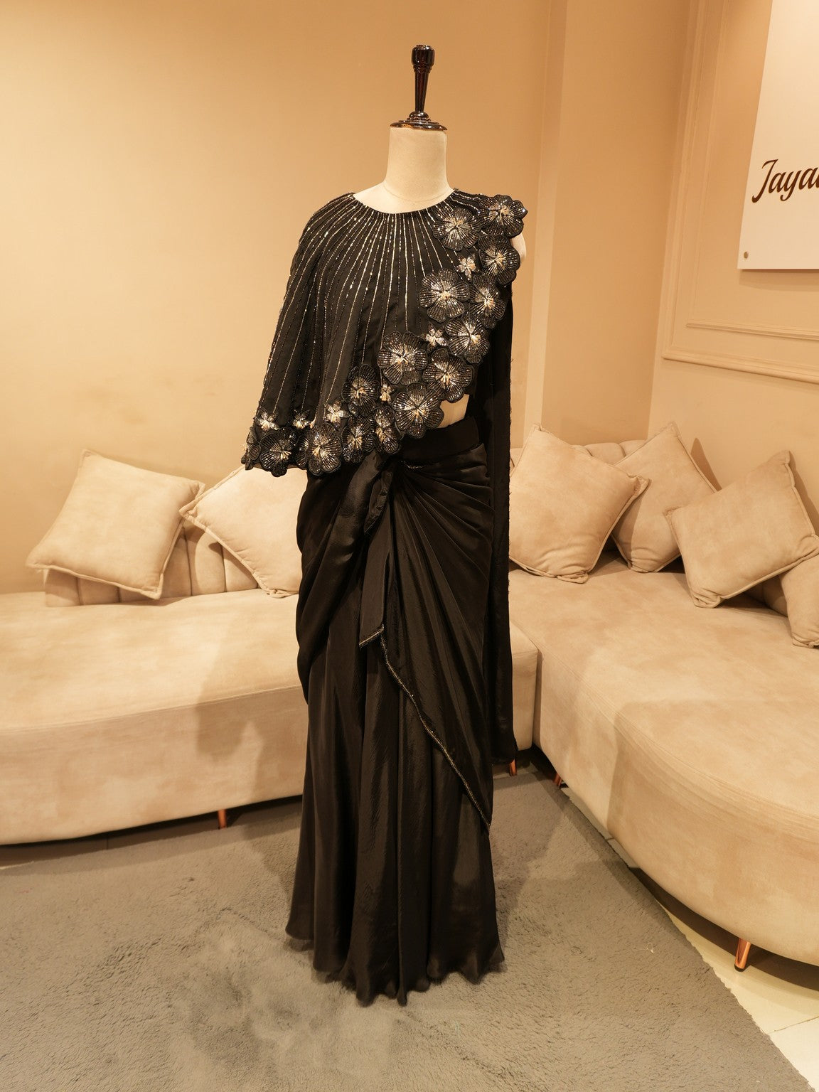 Mid night black cape drape saree