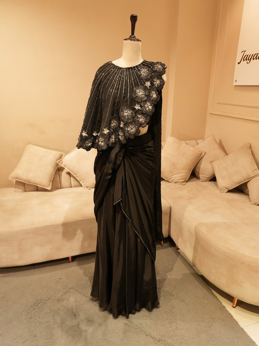 Mid night black cape drape saree