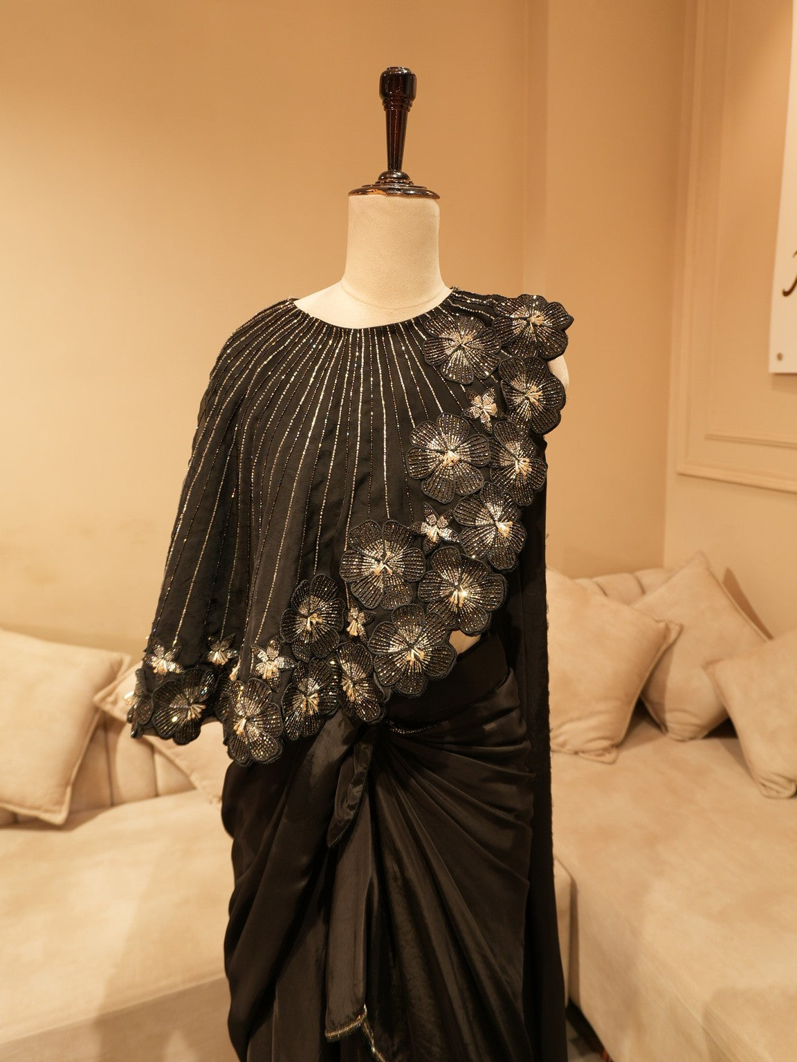 Mid night black cape drape saree