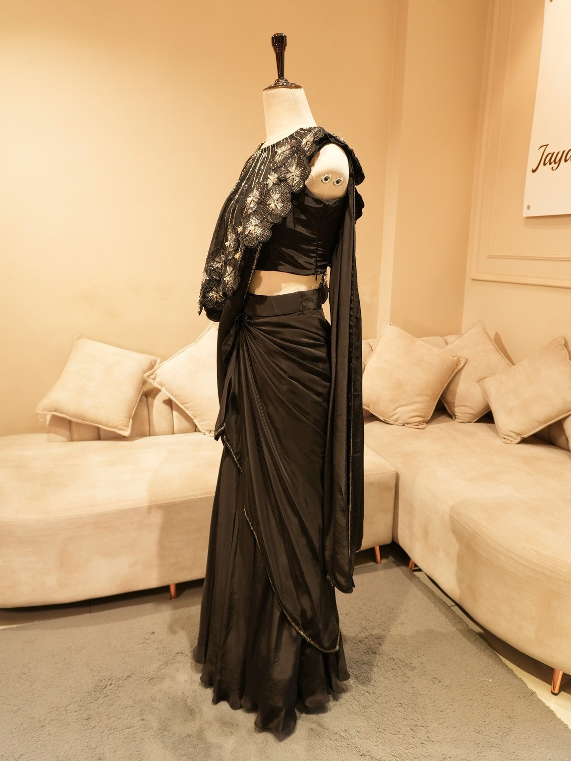 Mid night black cape drape saree