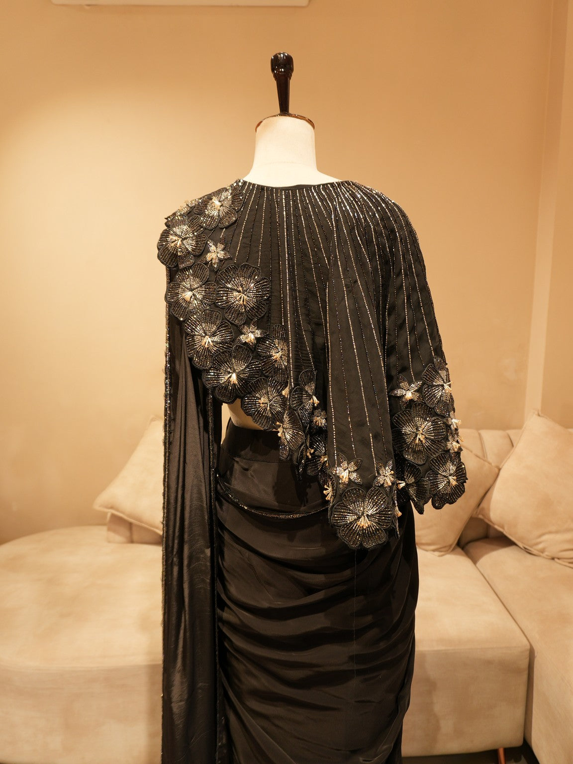 Mid night black cape drape saree