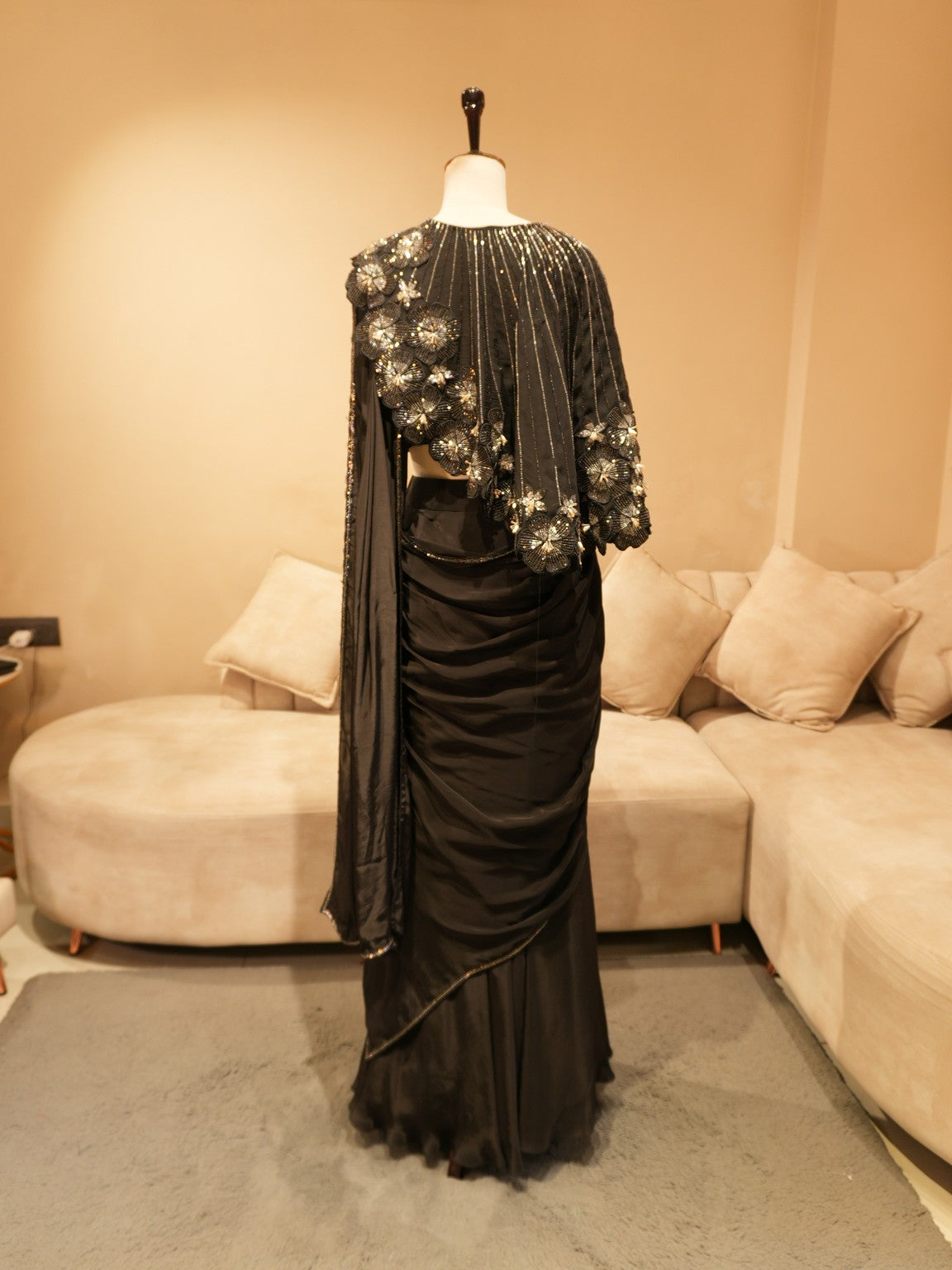 Mid night black cape drape saree
