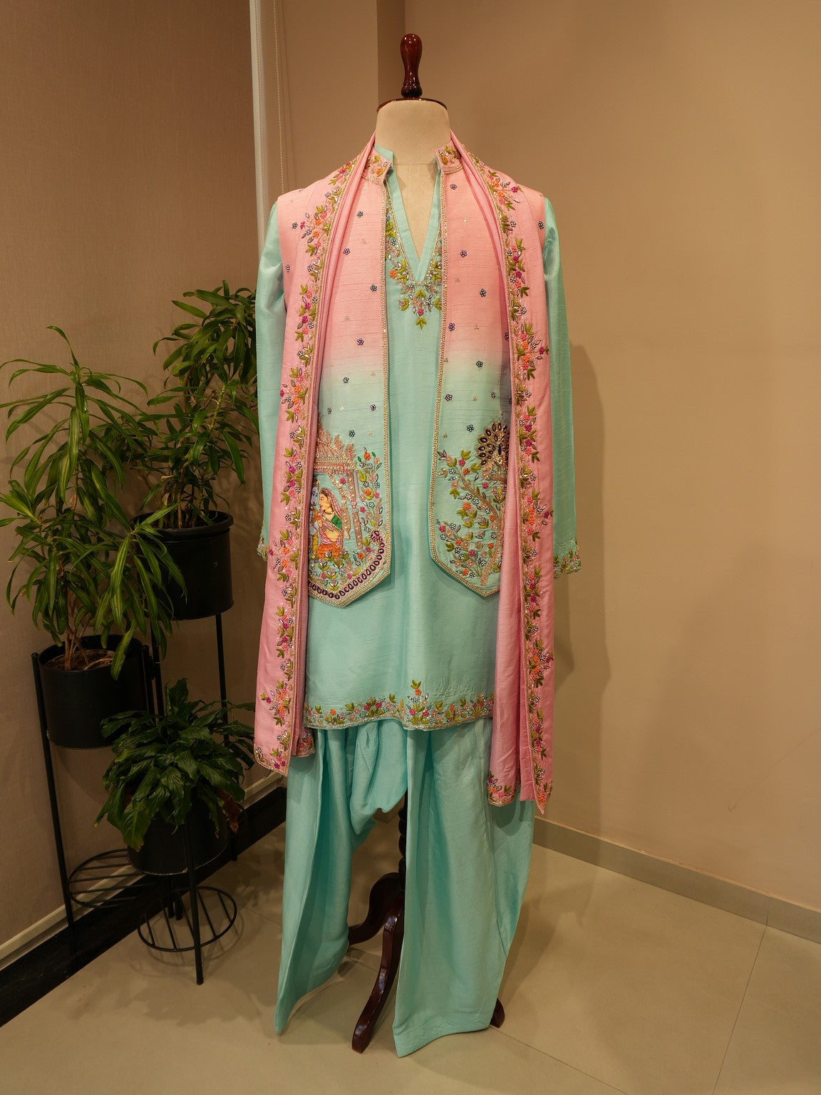 Pink sea green radha krishna ki hand painted mens indo western