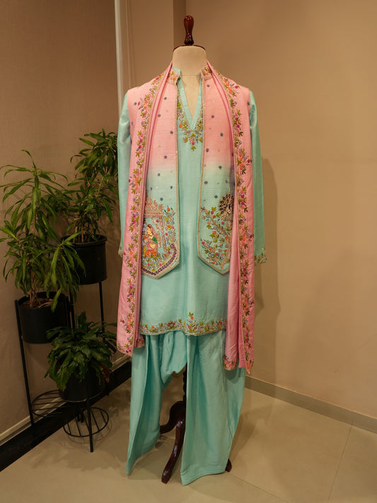 Pink sea green radha krishna ki hand painted mens indo western