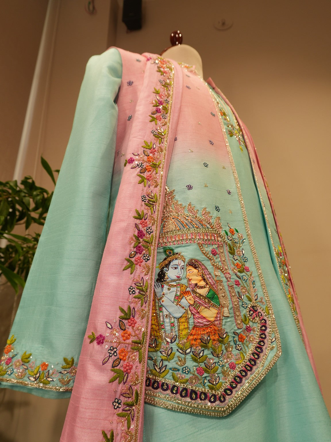 Pink sea green radha krishna ki hand painted mens indo western