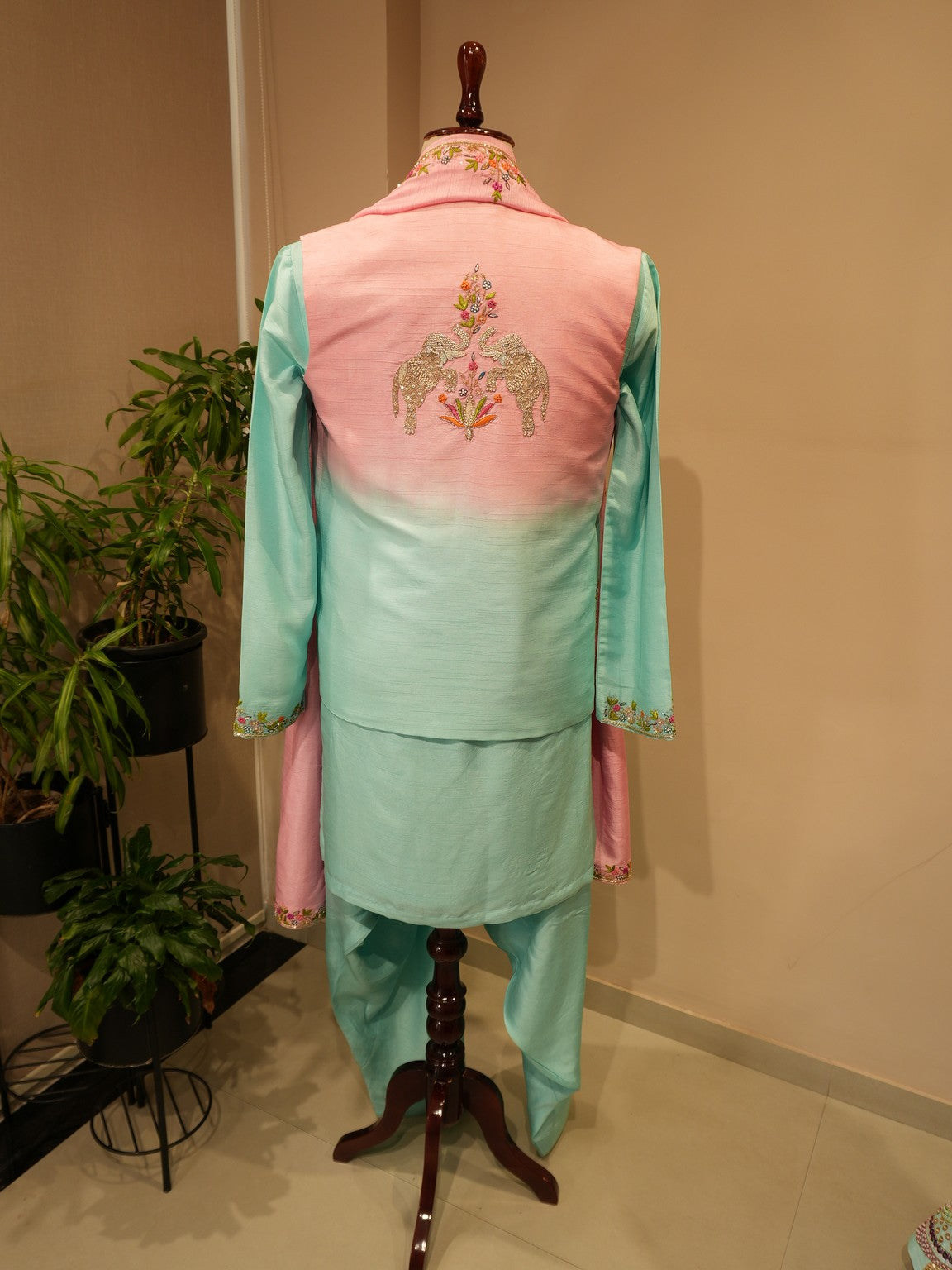 Pink sea green radha krishna ki hand painted mens indo western