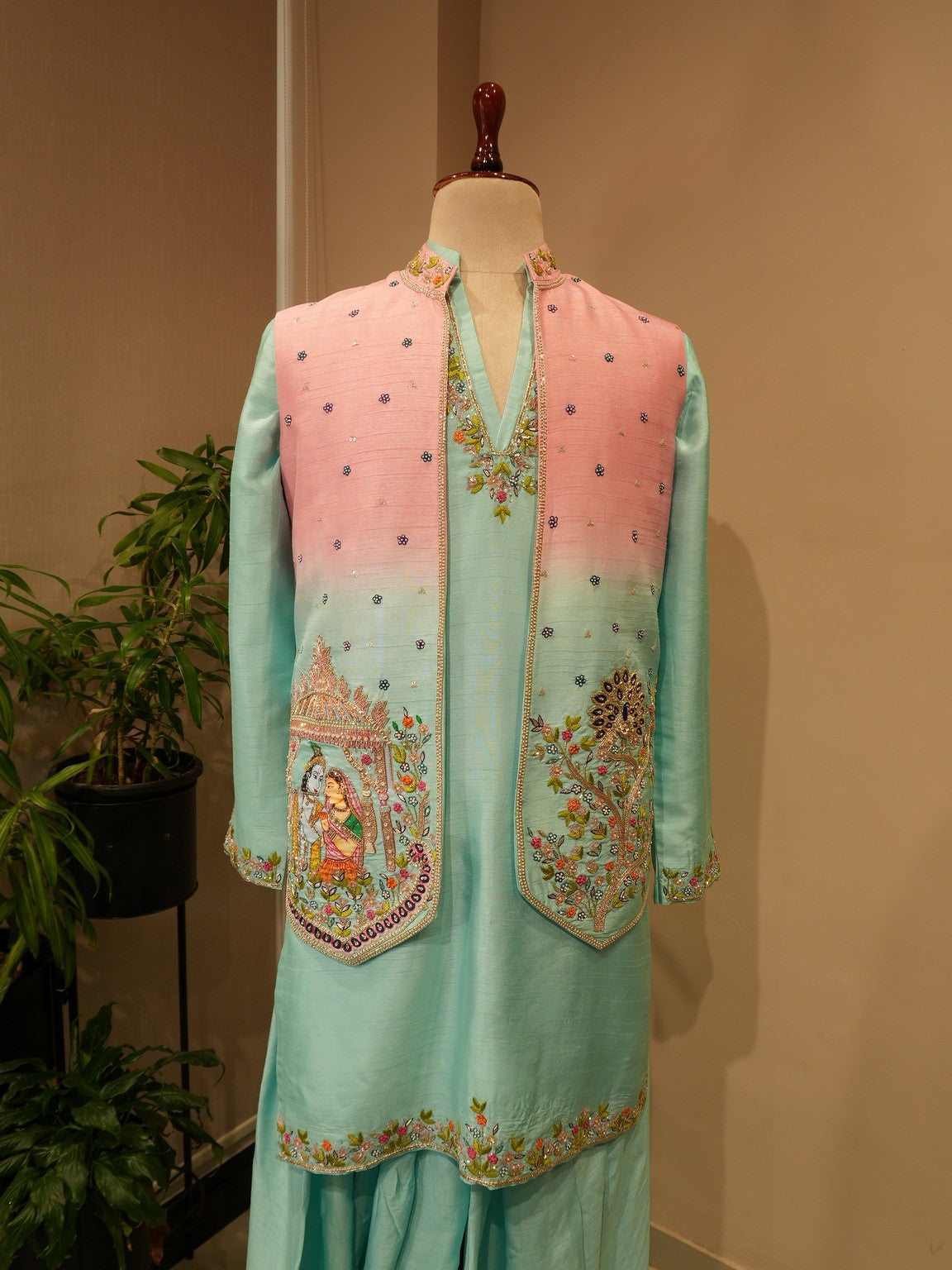 Pink sea green radha krishna ki hand painted mens indo western