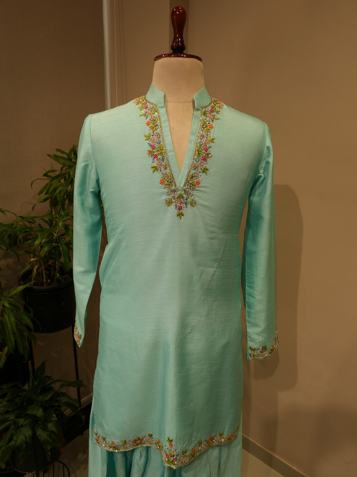 Pink sea green radha krishna ki hand painted mens indo western