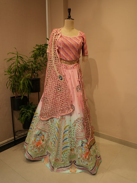 Pink sea green shaded hand painted radha krishna ji lehenga set