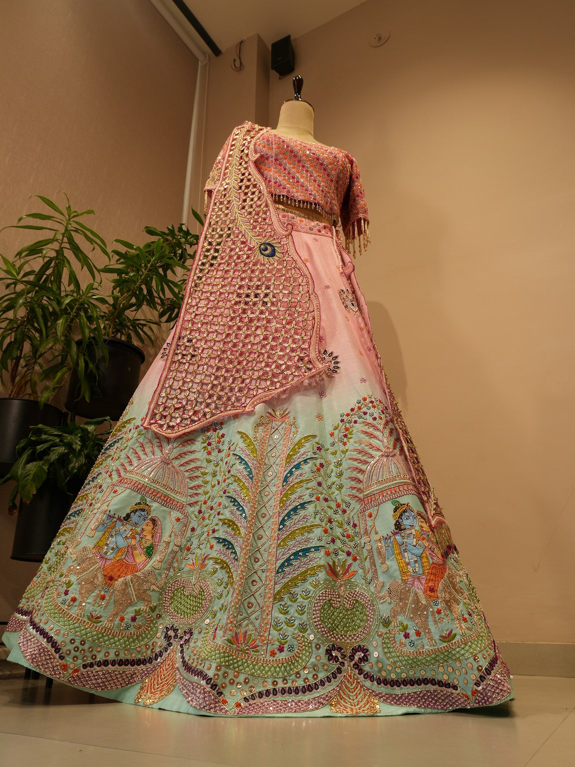 Pink sea green shaded hand painted radha krishna ji lehenga set