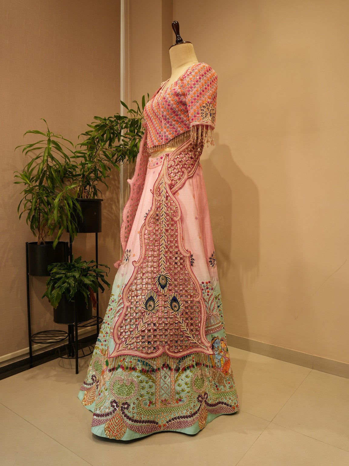 Pink sea green shaded hand painted radha krishna ji lehenga set